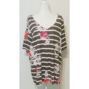 Lane Bryant Women Size 26 28 (3X) Supima Cotton Floral Striped Top Boho Cottage